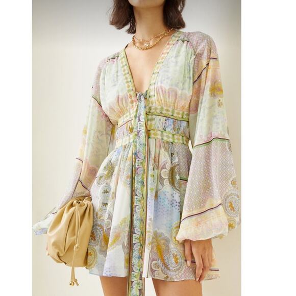 Alexis Dresses & Skirts - Alexis Tessie Mini Dress In Rococco Pastel Paisley Chiffon Tie Front Size Medium